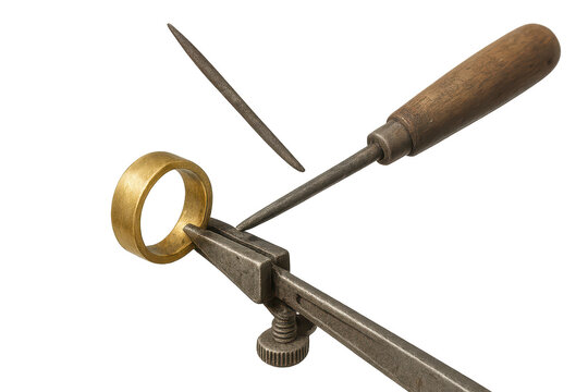 Gold ring in vise with crafting file, isolated on a transparent background.