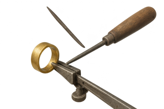 Gold ring in vise with crafting file, isolated on a transparent background.