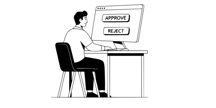 Content moderator man reviewing digital media on computer screen vector icon