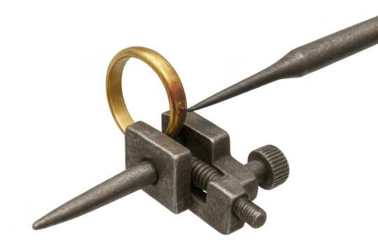 Gold ring held in metal clamp, shaped by tool, isolated on transparent background.