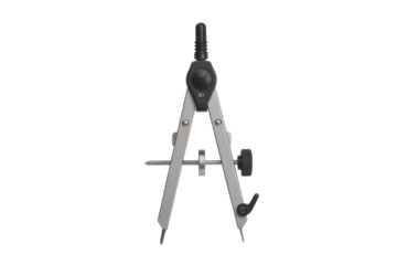 A silver and black precision drawing compass, a drafting tool, stands centered on a solid transparent background, ready for geometric tasks. background removed