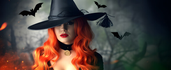 Red-haired witch with bats wearing a hat perfect for Halloween themed designs spooky season and fantasy concepts