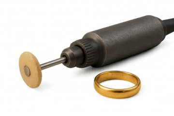 Craftsman's rotary tool with polishing wheel and gold ring, isolated subject