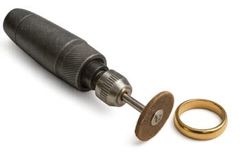 Rotary tool, polishing wheel, gold ring, isolated on transparent background