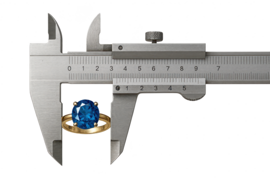 Blue gemstone ring measured by a caliper, isolated on transparent background.