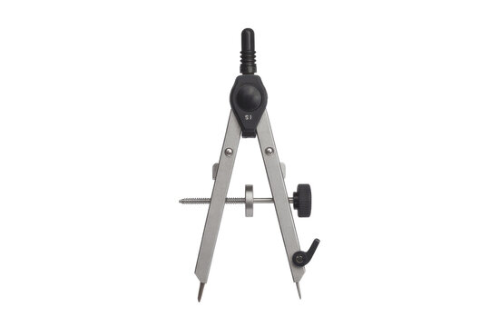 A silver and black precision drawing compass, a drafting tool, stands centered on a solid transparent background, ready for geometric tasks. background removed - Powered by Adobe