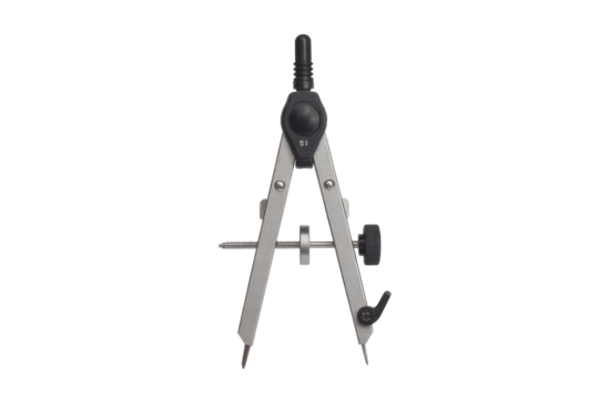 A silver and black precision drawing compass, a drafting tool, stands centered on a solid transparent background, ready for geometric tasks. background removed
