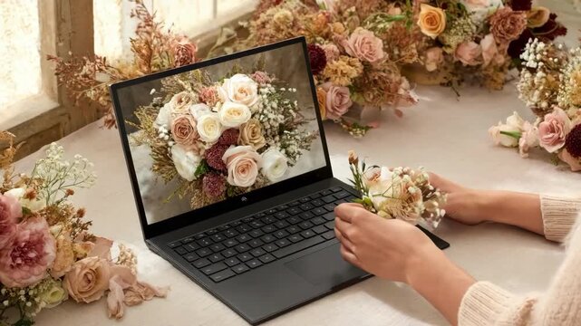 Participants engage in a virtual floral workshop their hands creating elegant flower arrangements visible through a medium shot on a laptop screen.