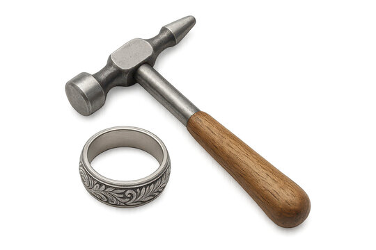 Jeweler's hammer and engraved ring isolated on transparent background.