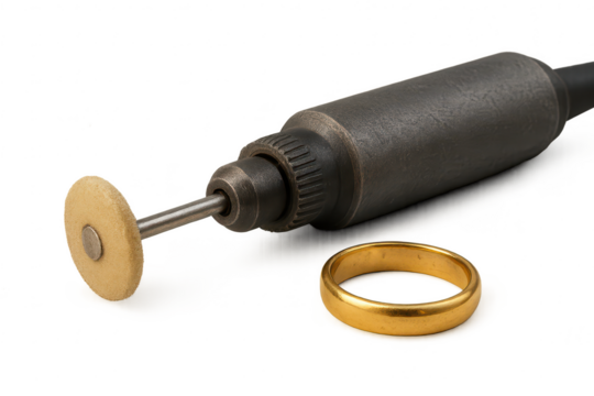 Craftsman's rotary tool with polishing wheel and gold ring, isolated subject