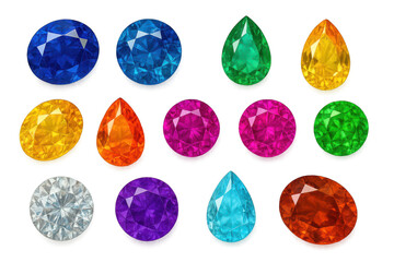 Diverse collection of vibrant colorful gemstones with transparent background