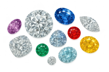 Sparkling colorful gemstones, diverse cuts, isolated on transparent background.