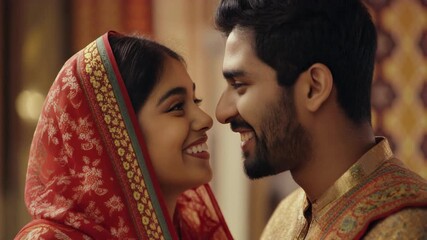 A joyous young Indian couple share a loving gaze, their smiles reflecting the happiness of their traditional wedding ceremony