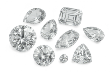 Dazzling brilliant cut diamonds in various shapes, isolated on transparent background