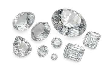Sparkling diamonds, various cuts, isolated on transparent background.