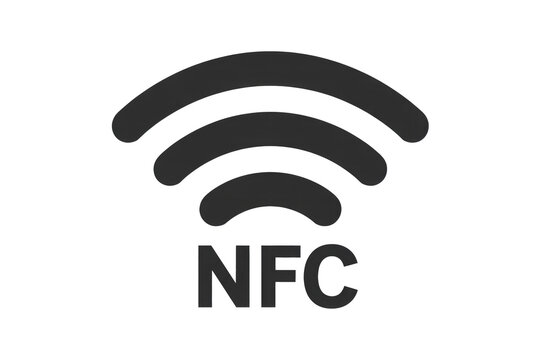 A black NFC (Near Field Communication) symbol featuring radiating waves above the text 'NFC' on a dark transparent background, indicating wireless connectivity. background removed