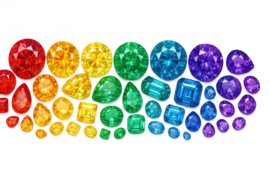 Collection of vivid rainbow colored gemstones isolated on transparent background.