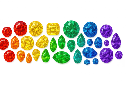 Vibrant rainbow-colored gemstones isolated on transparent background