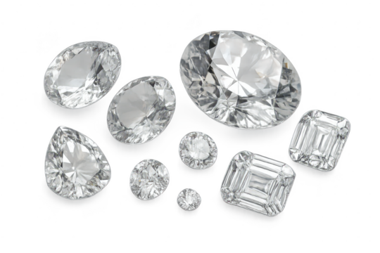 Sparkling diamonds, various cuts, isolated on transparent background.