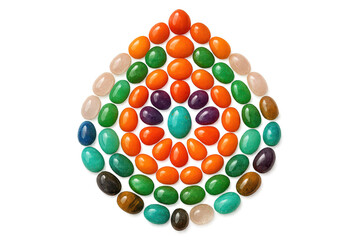 Polished colorful stones arranged isolated on transparent background, vibrant.
