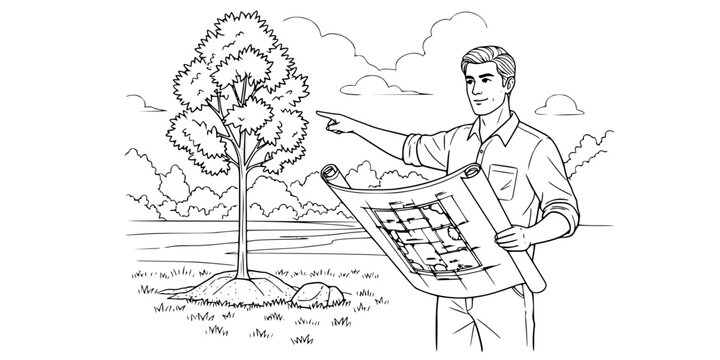 Landscape architect man designing outdoor park with new trees vector illustration