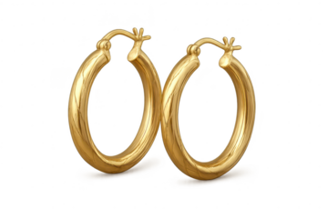 Shiny gold hoop earrings, elegant jewelry isolated on transparent background