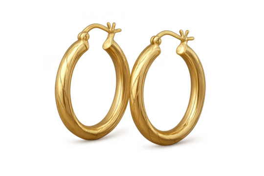 Shiny gold hoop earrings, elegant jewelry isolated on transparent background