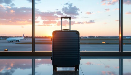 滑走路を背景にしたキャリーケースの夕景シルエット