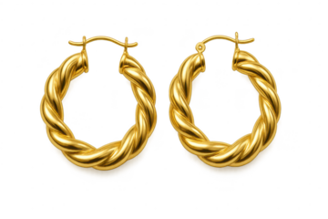 Elegant golden twisted hoop earrings pair isolated on transparent background.