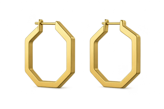 Pair of elegant gold octagonal hoop earrings, isolated on transparent background