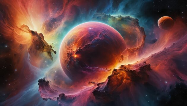 Vibrant Cosmic Planet Amidst Galactic Nebulae - Powered by Adobe