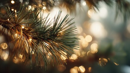 Backlit pine branch with warm nostalgic glow and soft cinematic bokeh spheres