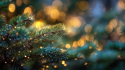 Warm golden bokeh behind dewy pine needles and festive evergreen branch detail