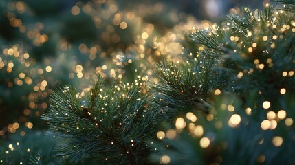Glittering fairy lights woven through dense pine foliage with dreamy bokeh background