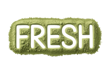 The word 'FRESH' is carved into a textured pile of light green powder, resembling matcha, set against a solid dark transparent background. background removed