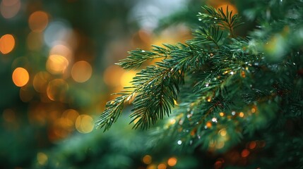 Rain soaked pine branch glistening against rich amber holiday light circles