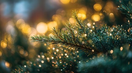 Sparkling evergreen hedge covered in moisture with glowing seasonal light orbs