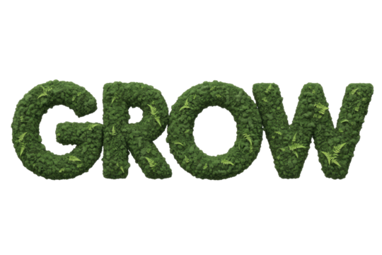 The word 'GROW' is artfully crafted from lush green moss and delicate ferns, symbolizing natural growth and environmental themes. background removed