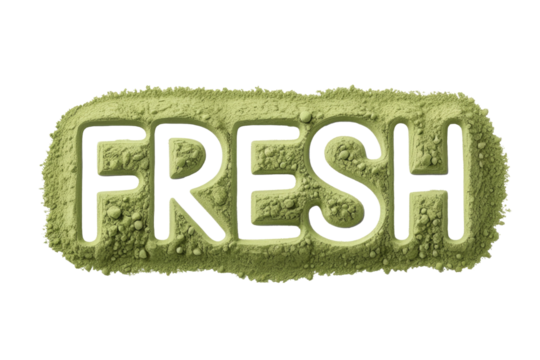 The word 'FRESH' is carved into a textured pile of light green powder, resembling matcha, set against a solid dark transparent background. background removed - Powered by Adobe