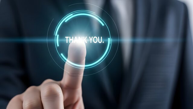 Businessman s finger touches glowing thank you button on digital screen