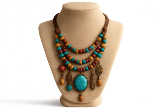 Colorful multi-layered bohemian necklace on mannequin, isolated subject. - Powered by Adobe