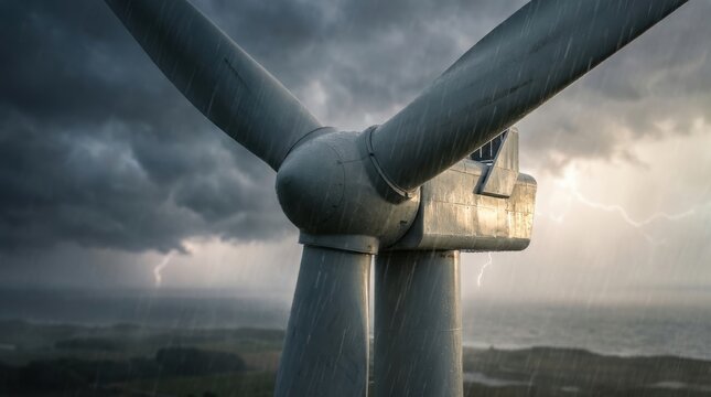 Wind turbine against a dramatic sky with lightning and rain showcasing sustainable energy and renewable power generation - Powered by Adobe