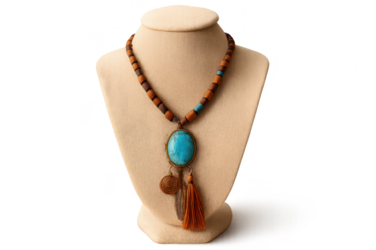 Turquoise necklace on mannequin, isolated on transparent background.