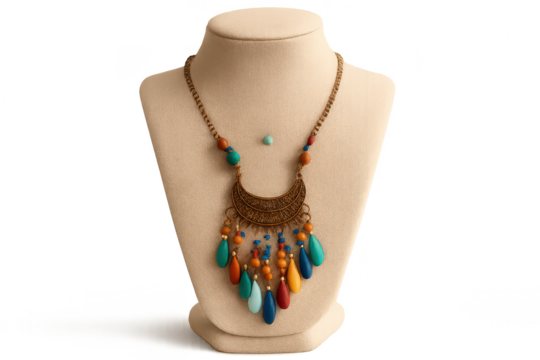 Colorful bohemian necklace on a mannequin, isolated on transparent background