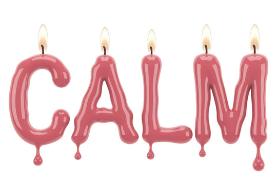 Pink, melting wax candles spell 'CALM', each letter lit with a gentle flame, on a serene transparent background. background removed