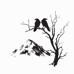 Bird Perched on Tree Branch in Mountain Nature Silhouette Vector © Edo