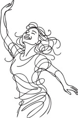 Fototapeta premium Dynamic continuous line illustration of a woman dancing with joy energy freedom and celebration in abstract chaotic linear style
