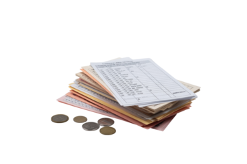 A stack of various financial documents, receipts, and invoices with several metallic coins beside them, symbolizing accounting and expenses. background removed
