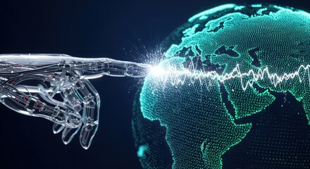 Futuristic robot hand interacts with a digital Earth creating a pulse of connection and advanced technology integration for a globalized world