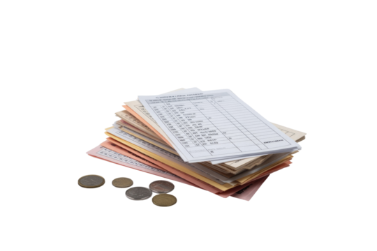 A stack of various financial documents, receipts, and invoices with several metallic coins beside them, symbolizing accounting and expenses. background removed